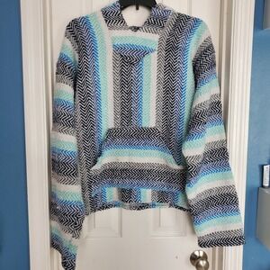 Baja Joe Hoodie Pullover XL Blue White Striped Mexican Drug Rug Good